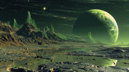 Wall Mural - futuristic space colony on exoplanet - sci-fi artwork of interstellar settlement with advanced techn
