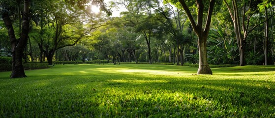 Wall Mural - serene and peaceful park scenery with lush green lawns and tall trees providing natural shade