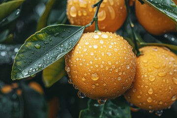 Poster - Fresh Oranges with Water Droplets on Tree