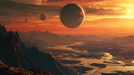 Wall Mural - enchanting alien solar system - multiple habitable planets in a cosmic symphony