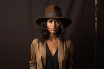 Canvas Print - Portrait of a beautiful brunette woman in brown suit and hat