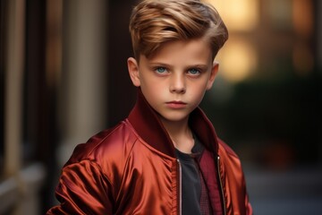 Portrait of a handsome young boy in a red jacket. Fashion shot.