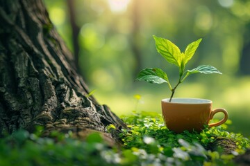 Wall Mural - Sapling growing in coffee cup beside tree trunk