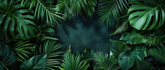 Wall Mural - tropical and green leaf of nature backdrop featuring a nature view of dark green leaf and palms on a green background perfect for design inspiration