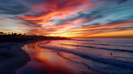 Wall Mural - A picturesque beach sunset, with silhouettes of people walking along the shore, surfers catching waves, and the sky painted in shades of orange and pink, creating a serene and beautiful end to a
