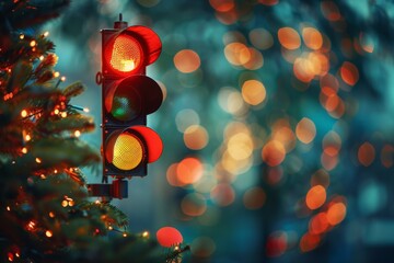 Poster - Traffic Signal with Bokeh Holiday Lights