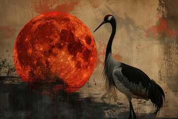 Red Moon Crane Abstract Art