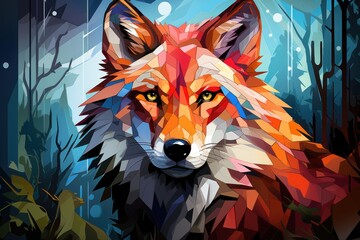 Wall Mural - Portrait of wild colored wolf, wpap, pop art, abstract style, generative IA