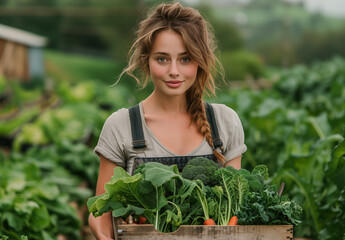 young woman holding box with fresh vegetables, eco gardening concept.