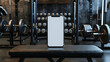 © Matthias - Smartphone mockup on gym bench, blank white screen, fitness app showcase template, front perspective