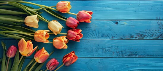 Poster - Tulips in orange and yellow on a blue wooden surface make a beautiful background leaving room for text or other elements in the image. with copy space image. Place for adding text or design