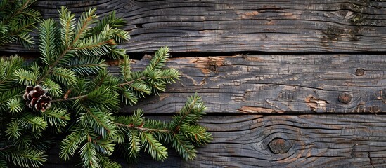 Aufkleber - Festive Christmas backdrop on weathered wood showcasing a green fir branch in the copy space image