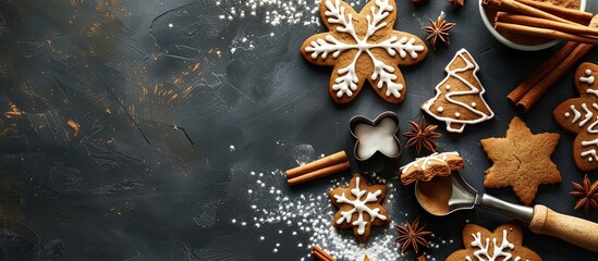 Aufkleber - Preparing homemade Christmas gingerbread cookies with traditional cutters on a dark table with ample copy space image