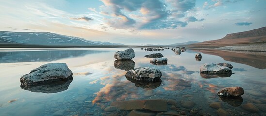 Poster - Tranquil nature scene with rocks in the foreground mirrored in a lake under a twilight sky providing a serene ambience for a copy space image
