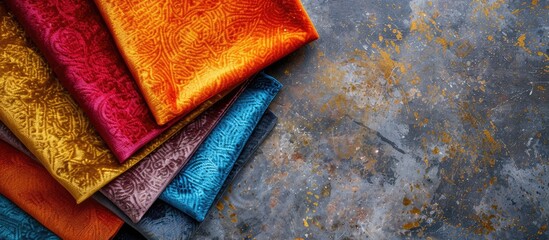 Aufkleber - Colorful luxury velvet fabric samples arranged on a stone table in a top down view with ample space for text or images