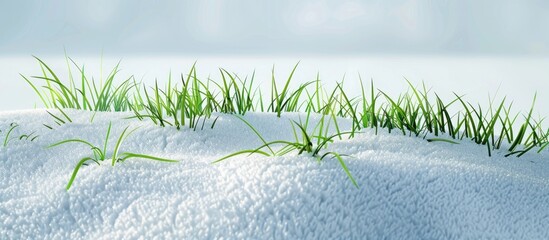 Leinwandbilder - The serene scene features lush green grass emerging gracefully through a blanket of pure white snow creating a picturesque copy space image