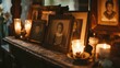 © Татьяна Макарова - Old family photographs on vintage wooden shelf with candlelight