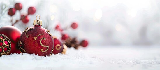 Poster - Close up of Christmas ornaments on a white table with copy space image
