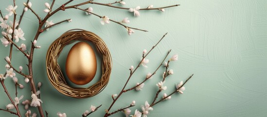 Poster - Easter themed card displaying a golden egg in a tray with delicate willow branches on a soft green background allowing room for text Ideal for Easter greetings Top down view. with copy space image