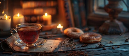 Fototapete - On a wooden desk there is a glass of tea bagels and a candlestick with lit candles creating a cozy ambiance with space for text or images on the desk. with copy space image