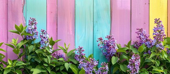 Fototapete - Lilac blooming flowers against a colorful wooden backdrop with space for text in the image. with copy space image. Place for adding text or design