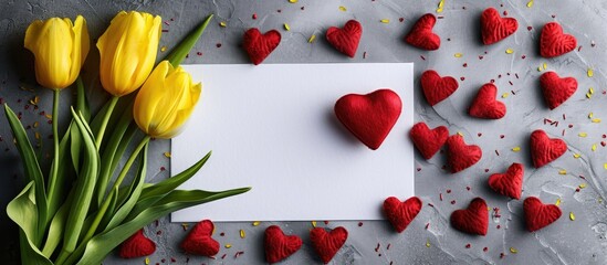 Poster - Conceptual image for Valentine s Day Women s Day or Mother s Day featuring a blank sheet with a red heart surrounded by many red hearts and a bunch of yellow tulips. with copy space image