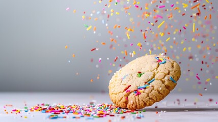 Wall Mural - Cookie with colorful sprinkles falling around on white surface