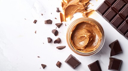 Wall Mural - Chocolate pieces and jar of smooth peanut butter on white background