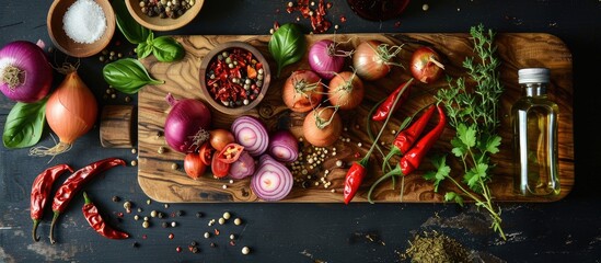 Leinwandbilder - Top view of a food still life arrangement with a wooden cutting board adorned with red onions hot peppers various spices and a bottle of olive oil allowing for copy space image