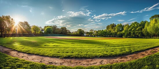 Aufkleber - Park with a baseball field perfect for games and events with a vast open area ideal for recreation and sports featuring a copy space image