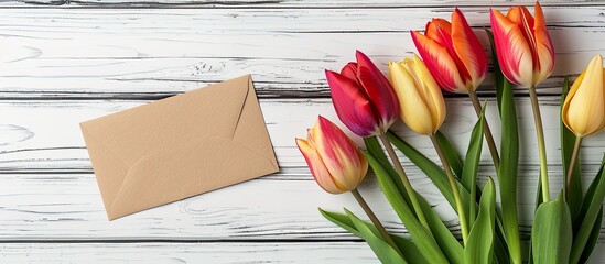 Aufkleber - Top down view of a vibrant tulip arrangement next to a empty card on a clean white wooden surface ideal for a copy space image