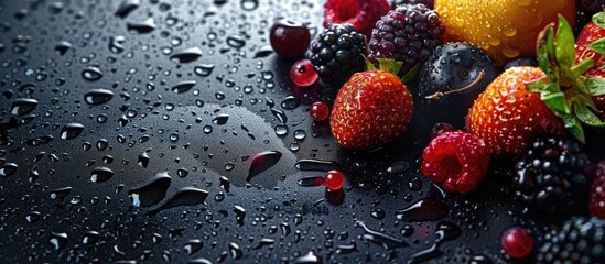 Poster - Fresh fruits background featuring water drops on ripe sweet fruits and berries Ideal for vegan and vegetarian concepts with ample copy space image for text