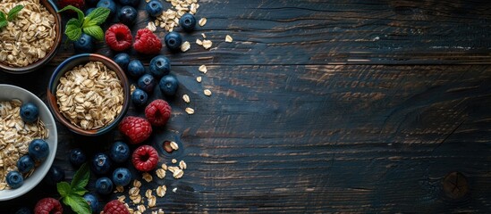 Aufkleber - Top view of healthy oatmeal ingredients displayed on a dark wooden table with a toned effect ideal for a copy space image