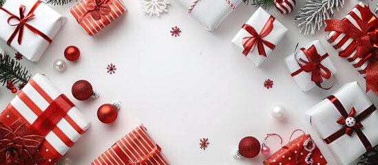 Aufkleber - Gift themed flat lay with red white and colorful elements on a white background featuring a clear copy space image