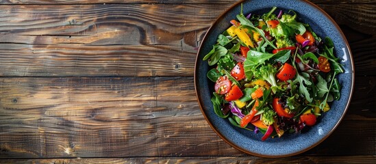 Leinwandbilder - A fresh vegetable salad in a full bowl on a wooden table with copy space in a top view flat lay image