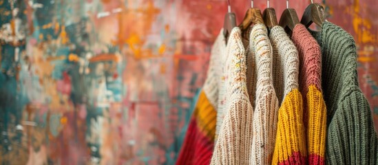 Poster - Warm sweaters displayed on rack with colorful backdrop providing copy space image