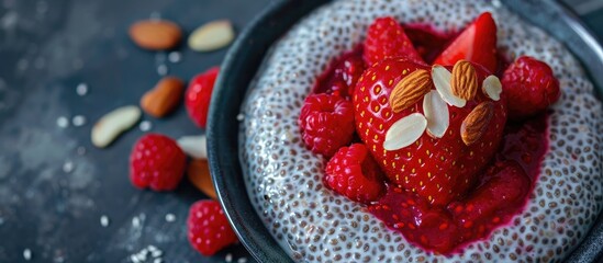 Valentine s Day breakfast idea Chia pudding with red berry puree almonds and heart shaped strawberry Ample copy space for text