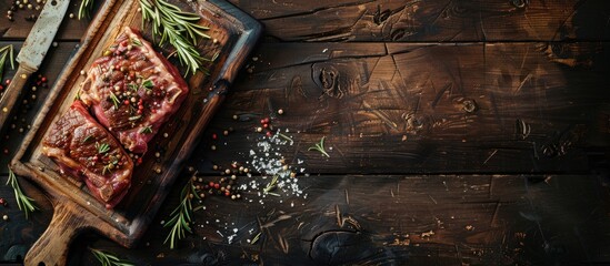 Fototapete - Entrecote meat with rosemary and pepper on a cutting board set against a wooden backdrop creating a rustic copy space image