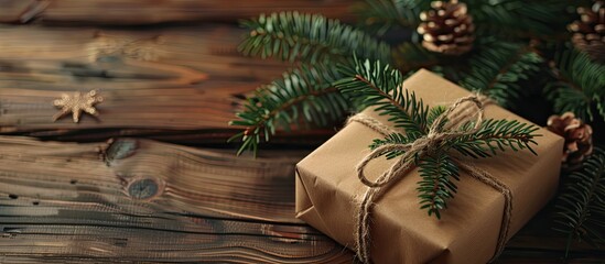 Aufkleber - Wooden table holds a Christmas gift box and fir tree branch creating a festive setting with a copy space image
