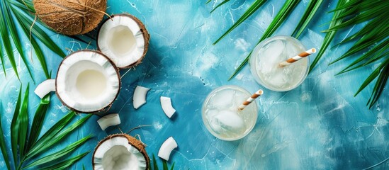 Aufkleber - White tropical cocktail made with coconut milk served in glasses with straws on a blue background adorned with coconut and palm leaves offering a top view and ample copy space image