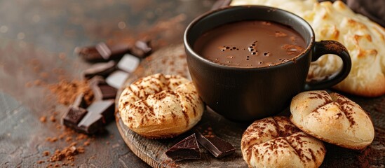 Leinwandbilder - Indulge in delicious hot chocolate paired with stuffed cheese bread displayed in a tantalizing copy space image
