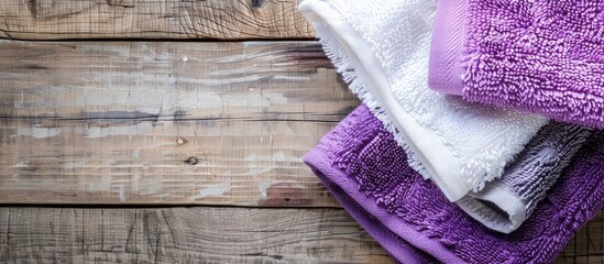 Aufkleber - Vibrant towels in purple and white on a wooden backdrop with copy space image