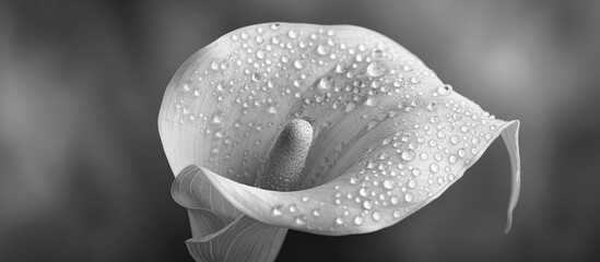 Poster - Black and white macro photograph of a Calla flower with intricate details displaying grain texture when viewed at full size Copy space image