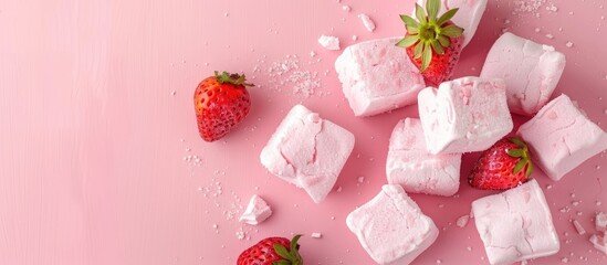 Poster - Pink homemade marshmallows or zephyr with pink strawberry dessert on a pink background creating a visually appealing copy space image