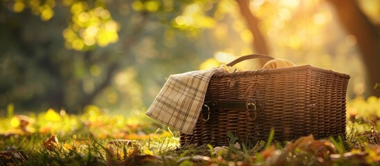 Leinwandbilder - Picnic basket with a napkin set against a beautiful nature backdrop creating the perfect copy space image