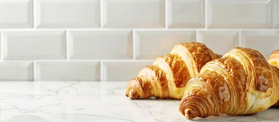 Fototapete - Croissants displayed on a white ceramic tiled table with a blank space for text in the background. with copy space image. Place for adding text or design