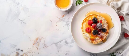 Aufkleber - A picture of Shrovetide celebration featuring a pancake dish topped with honey milk berries and jam for the menu with available copy space image