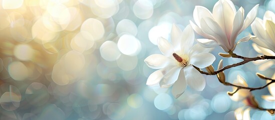 Aufkleber - Spring background with a white magnolia flower on a branch in focus set against a blurred backdrop to create a charming copy space image