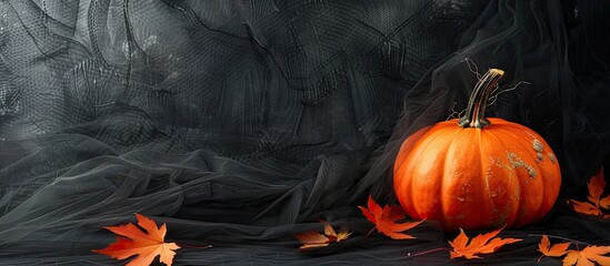 Poster - Halloween themed composition featuring a pumpkin set against a black tulle backdrop with maple leaves ideal for adding text with copy space image