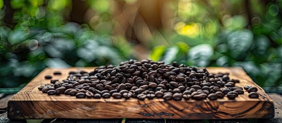 Poster - Selective focus on coffee beans arranged on a wooden board in a garden with natural lighting creating a serene copy space image